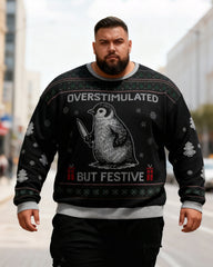 Big & Tall Men's Christmas Black Penguin Graffiti Print Crewneck Ugly Sweater