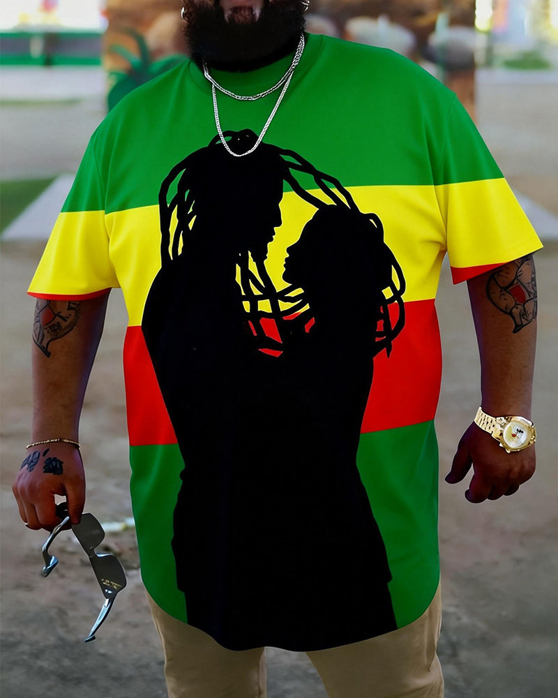 Big & Tall Men's Yellow, Green And Red Contrast Figure Silhouette Printed Round Neck Short Sleeve T-shirt