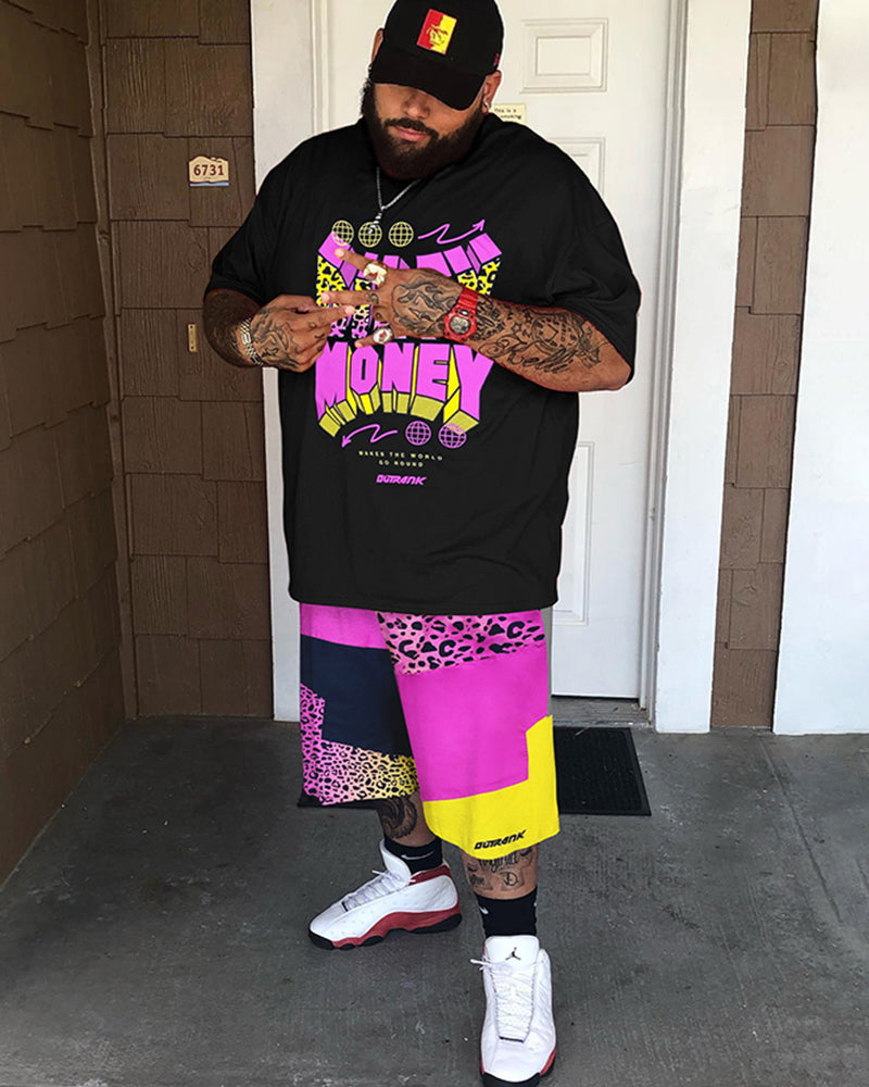 Big & Tall Men's Red Cartoon Character Letter Print Round Neck Short Sleeve T-Shirt Shorts Set