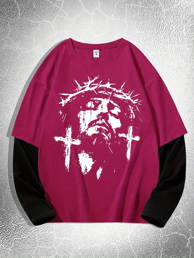 Big & Tall Men's Religious Thorn Head Printed Fake Two Long Sleeve T-Shirts