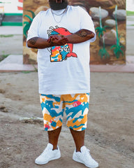 Big & Tall Men's White Camouflage Dolphin Print Round Neck Short Sleeve T-Shirt Shorts Set