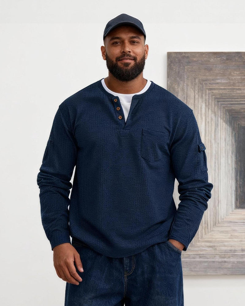 Big & Tall Men's Solid Color Fake Two-Piece V-Neck Waffled Long-Sleeved T-Shirt S-2XL