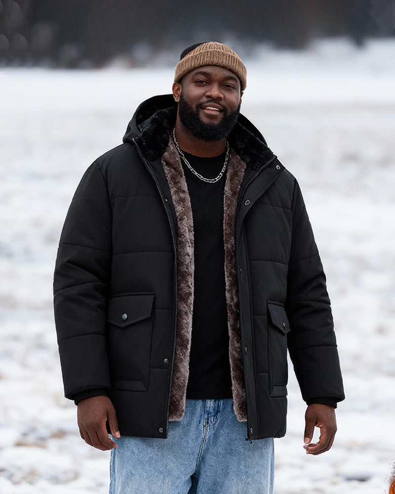 Big & Tall Men's Solid Color Padded Hooded Long Cotton-padded Jacket Coat M-8XL