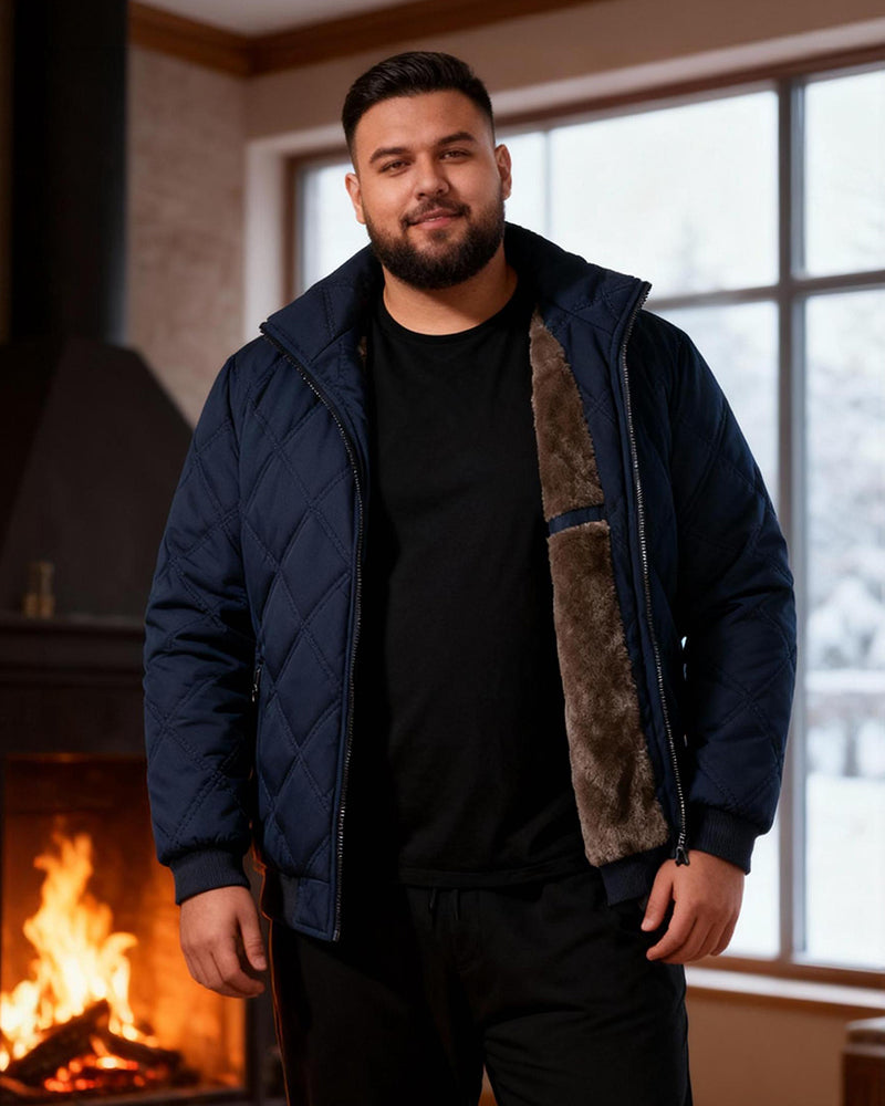 Big & Tall Men's Solid Color Vertical Neck Thickened Diamond Plaid Cotton Jacket M-5XL