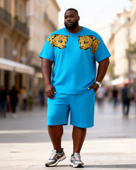 Big & Tall Men's Double Leopard Head Pure Blue Printed Crew Neck Short Sleeve T-shirt Shorts Set
