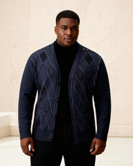 Big & Tall Men's Business Diamond Jacquard Thickened Sweater Cardigan Jacket L-3XL