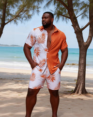Big & Tall Men's Orange And White Palm Contrast Printed Short Sleeve Shirt Shorts Set