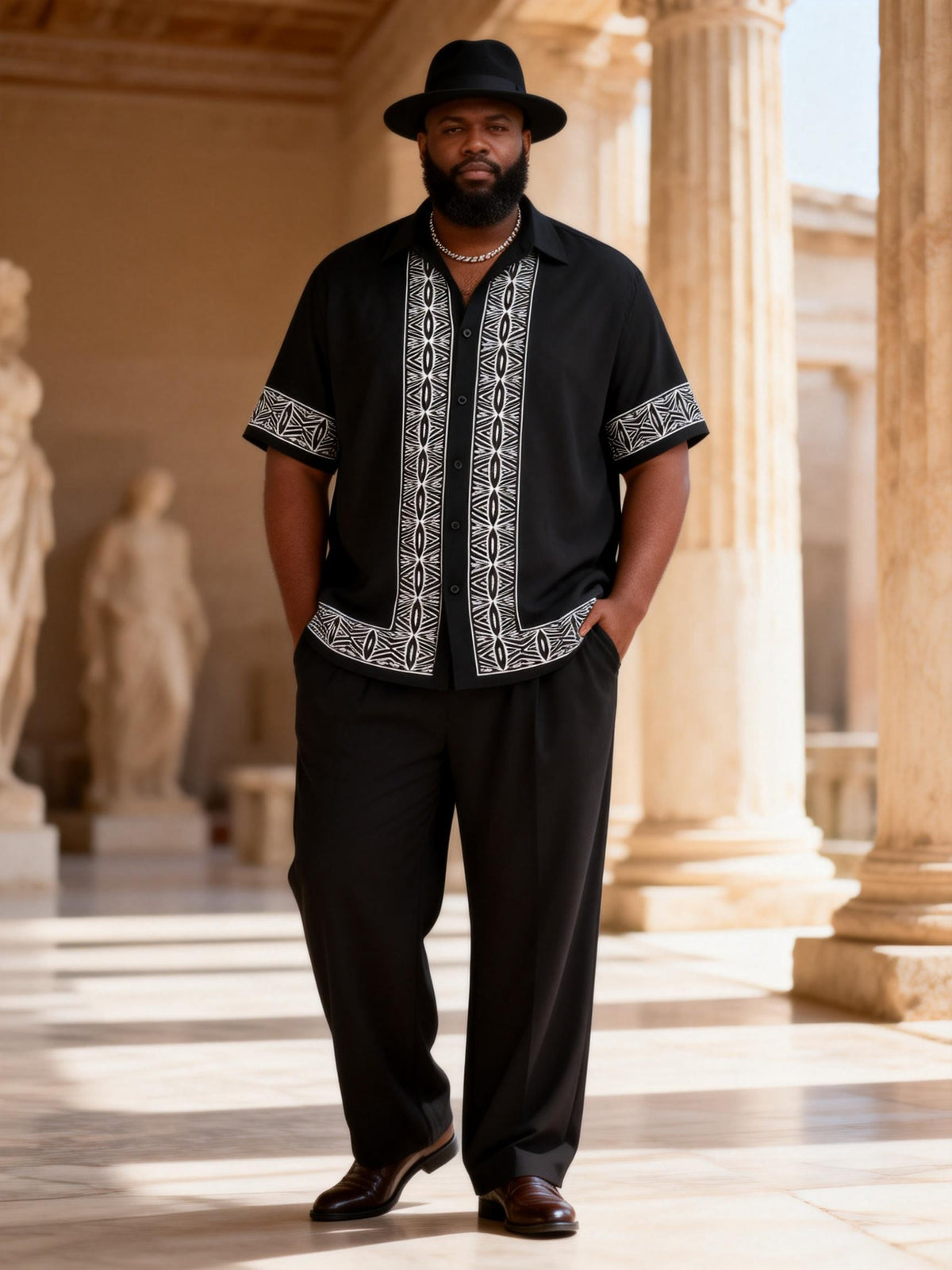 Big & Tall Men's Black Totem Print Short Sleeve Shirt Pants Set