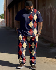 Big & Tall Men's Retro Navy Blue Red Contrast Diamond Print T-shirt Trousers Set
