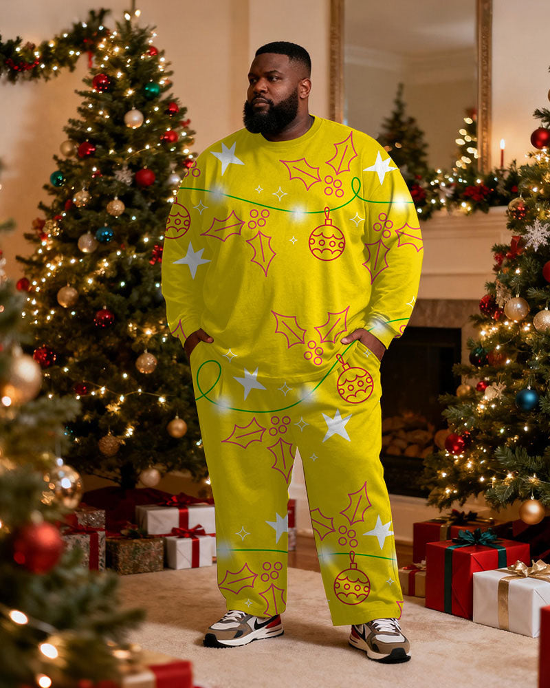 Big & Tall Men's Christmas Letter Yellow Printed Long Sleeve T-Shirt Pants Set
