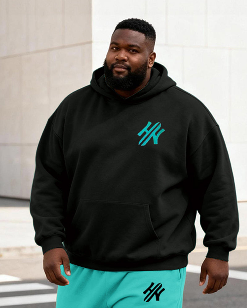 Big & Tall Men's Black And Green Contrast Letter Print Hoodie Set