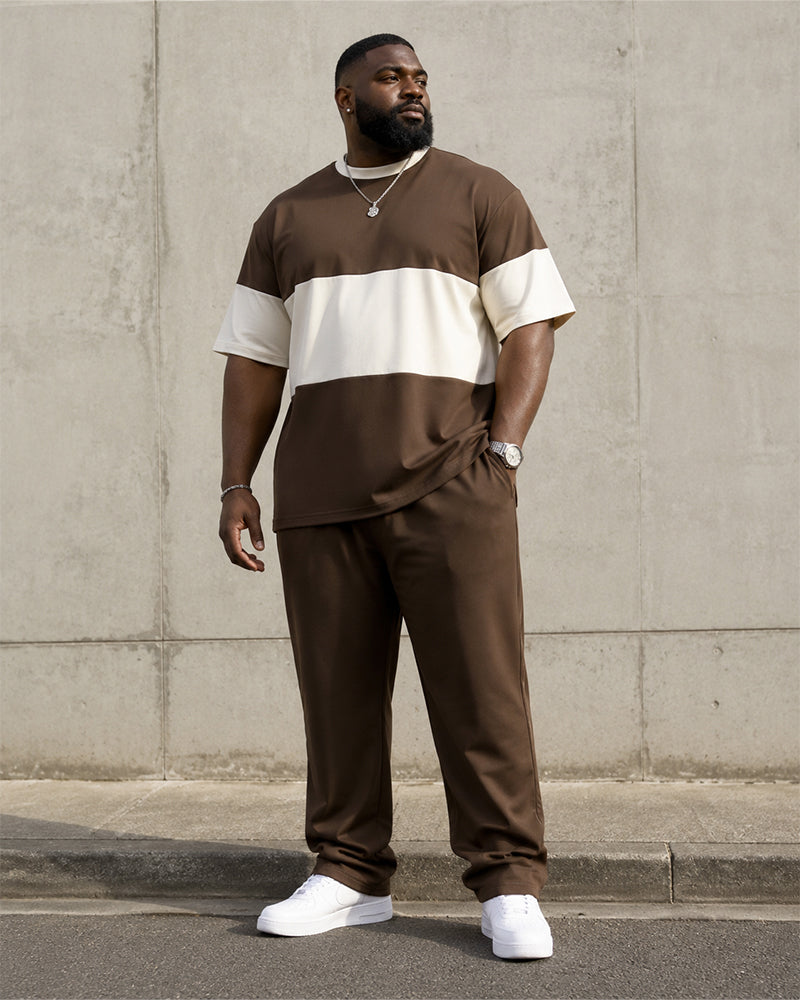 Big & Tall Men's Brown And White Contrast Striped Printed T-Shirt Pants Set