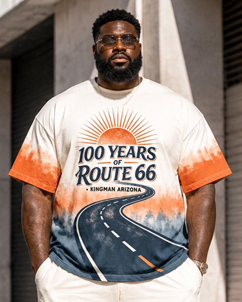 Big & Tall Men's Highway 66 Sunset Highway Gradient Printed Crewneck Short Sleeve T-Shirt Shorts Set