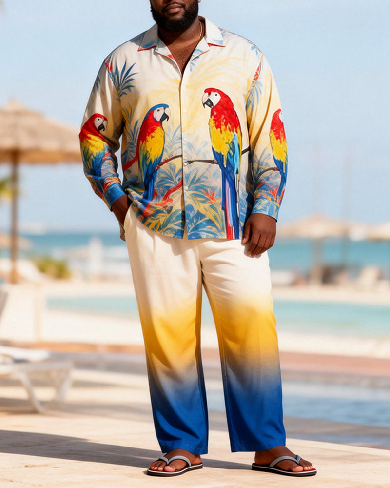 Big & Tall Men's Colorful Parrot Print Long Sleeve Shirt Pants Set