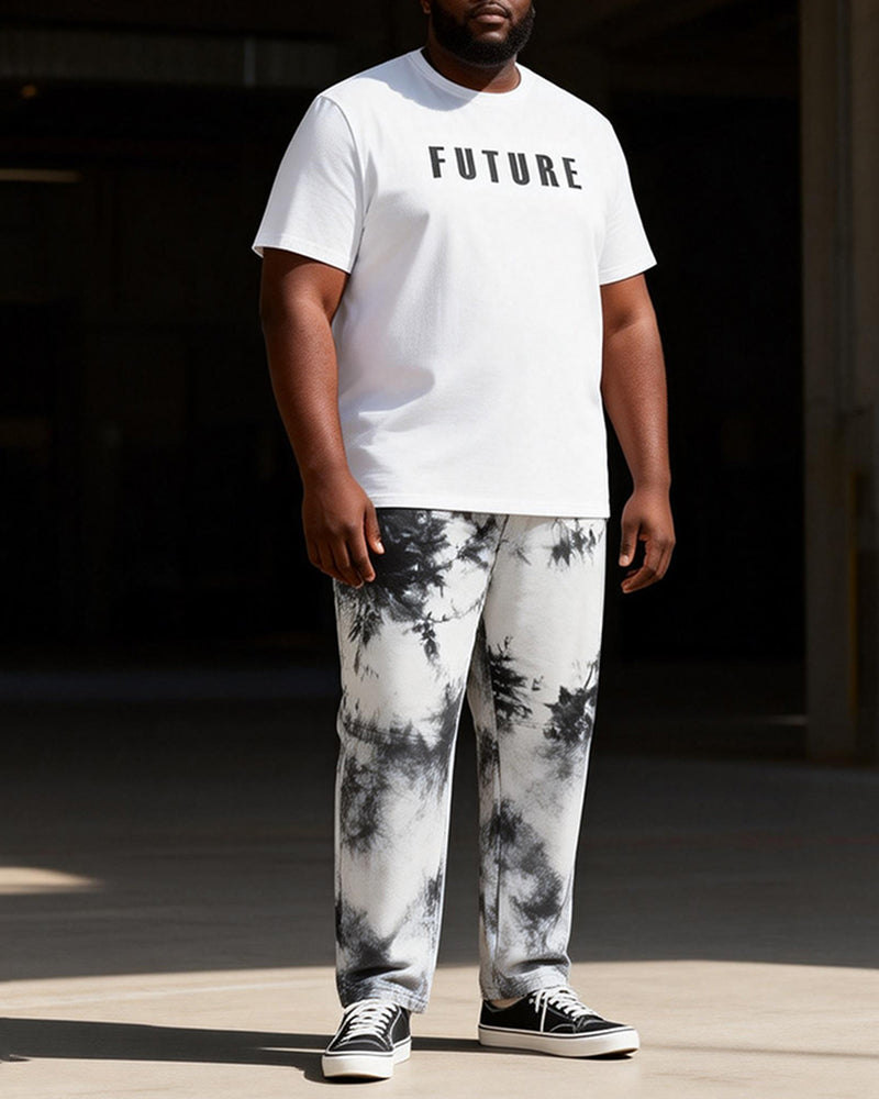 Big & Tall Men'sFUTURE Black And White Spotted Printed T-Shirt Trousers Set