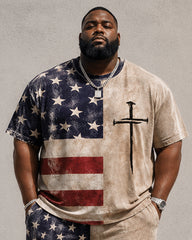 Big & Tall Men's Distressed American Flag Half-split Cross Printed Crew Neck Short Sleeve T-shirt Shorts Set