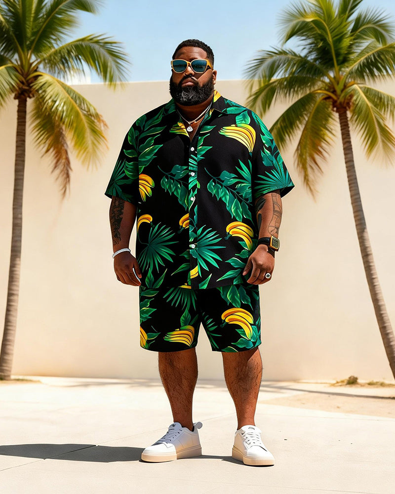 Big & Tall Men's Yellow Bottom Banana Tree Print Short Sleeve Shirt Shorts Set