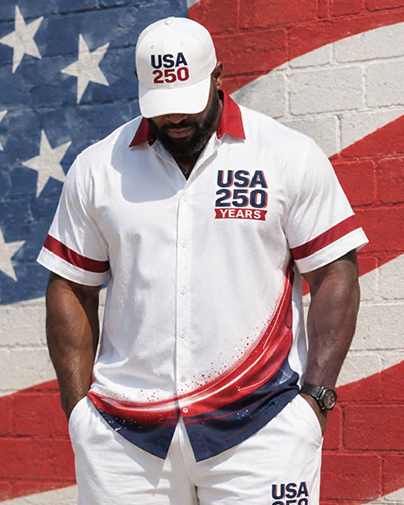 Big & Tall Men's USA250 Anniversary Gradient Star-stripe Printed Short-sleeved Shirt Shorts Set