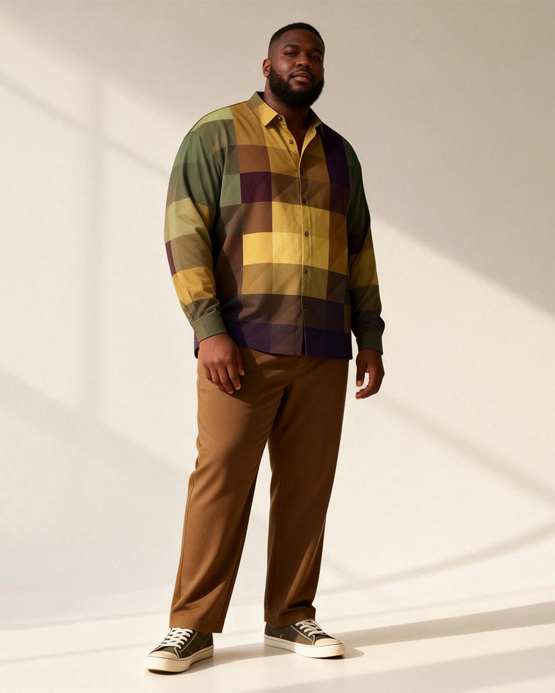 Big & Tall Men's Vintage Check Contrast Printed Long Sleeve Shirt Trousers Set