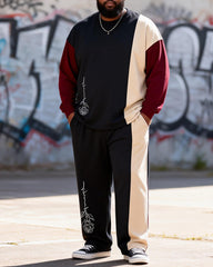 Big & Tall Men's Black Wine Red Color Block Rose Print Long Sleeve T-shirt Trousers Set