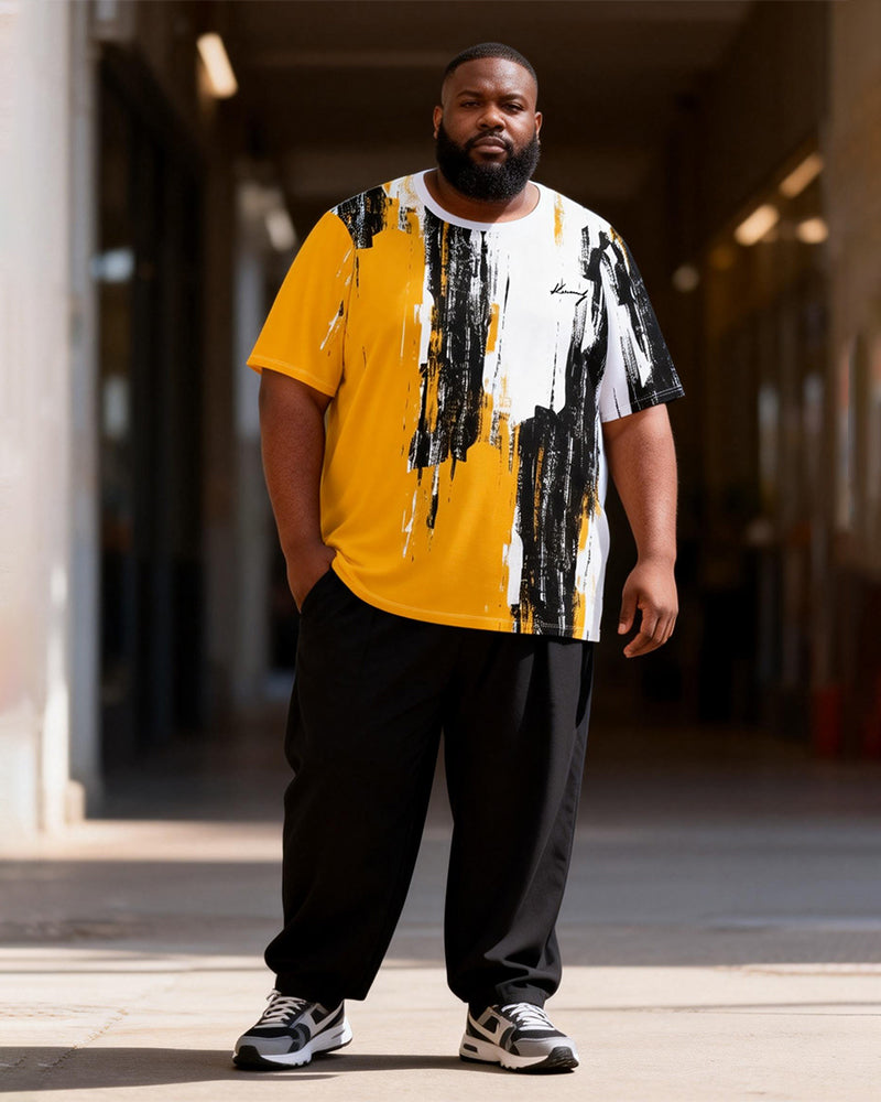 Big & Tall Men's Yellow Black And White Abstract Graffiti Print T-Shirt Pants Set