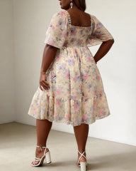 Women's XL-5XL Plus Size Puff Sleeve Square Neck Large Swing Dress