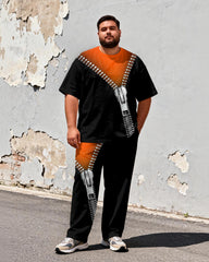 Big & Tall Men's Contrast Orange And Black Zipper Printed T-Shirt Pants Set