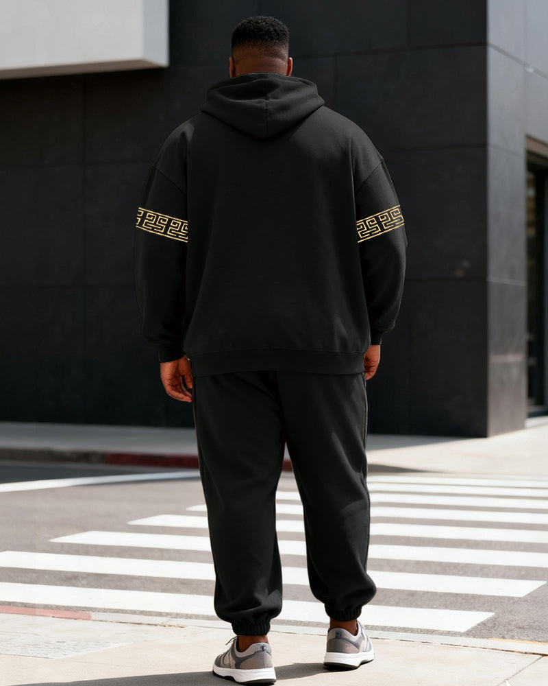 Big & Tall Men's Black And Yellow Contrast A Letter Geometric Print Hoodie Set