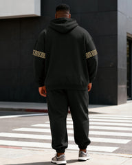 Big & Tall Men's Black And Yellow Contrast A Letter Geometric Print Hoodie Set