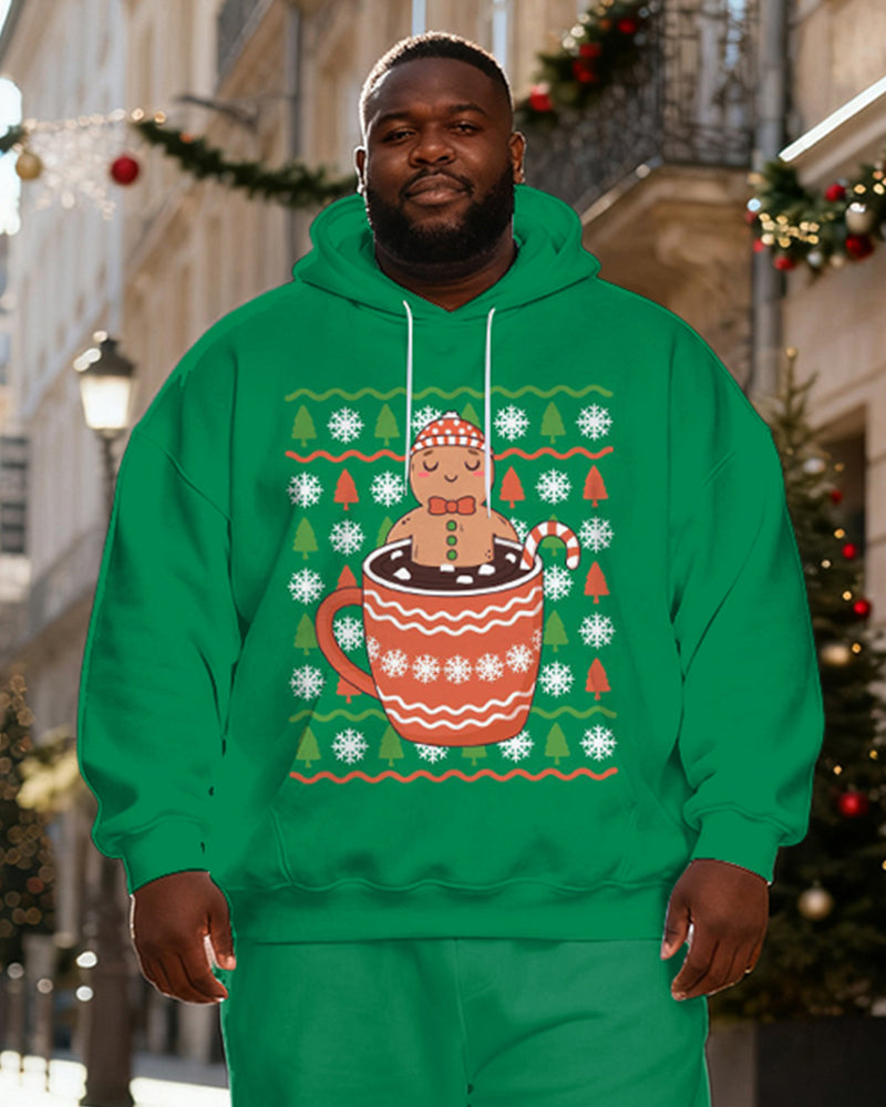 Big & Tall Men's Green Gingerbread Man Hot Cocoa Print Hoodie Set