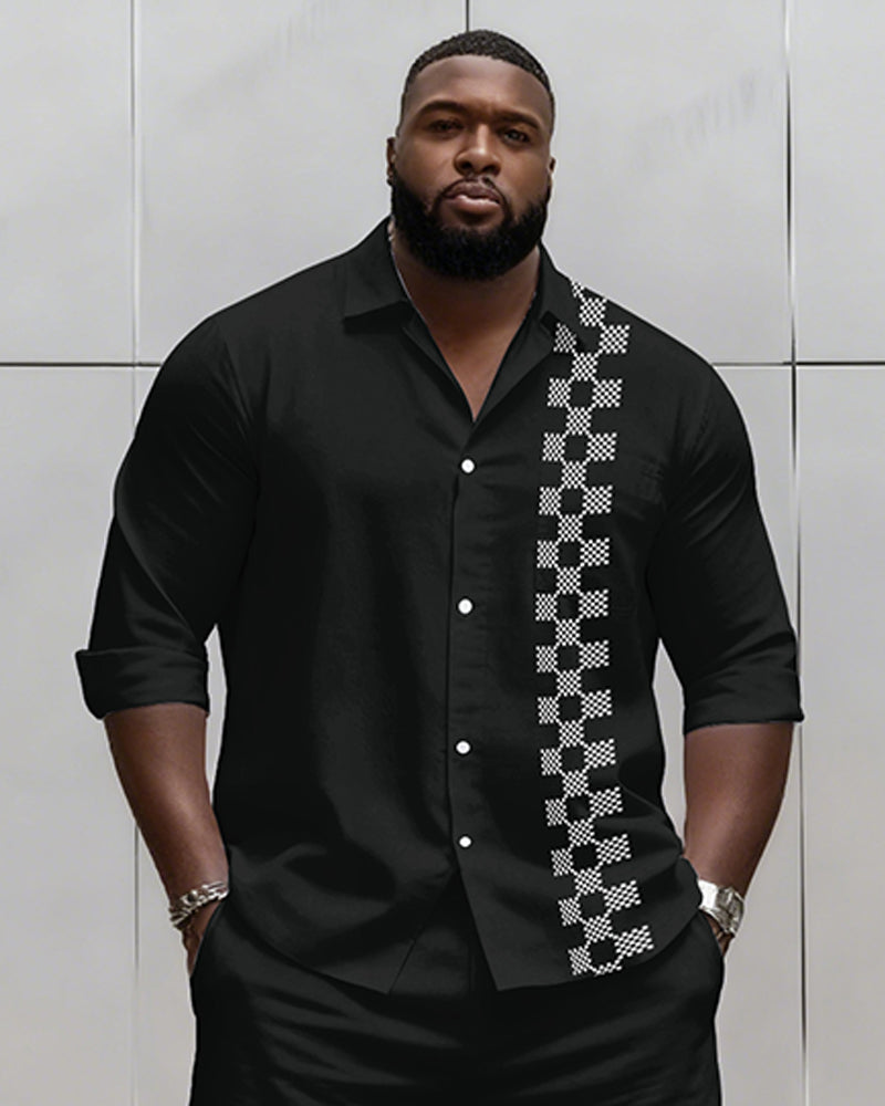 Big & Tall Men's Business Plaid Striped Print Long Sleeve Shirt Shorts Set
