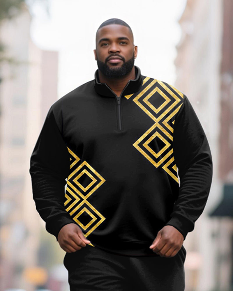 Big & Tall Men's Black Contrast Geometric Printed POLO Collar Zipper Long Sleeve Pants Two-piece Set