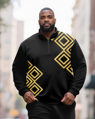 Big & Tall Men's Black Contrast Geometric Printed POLO Collar Zipper Long Sleeve Pants Two-piece Set