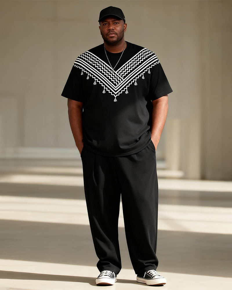 Big & Tall Men's Black And White V-shaped Tassel Ethnic Style Printed T-shirt Pants Set