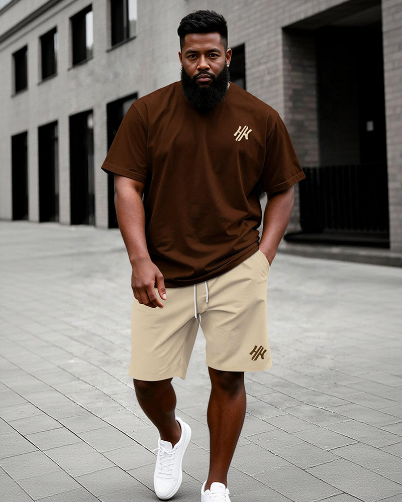 Big & Tall Men's Dark Brown Letter Print Round Neck Short Sleeve T-Shirt Shorts Set