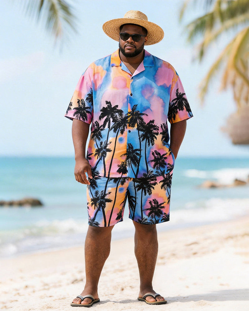 Big & Tall Men's Pink Blue Tie Dye Coconut Tree Print Short Sleeve Shirt Shorts Set
