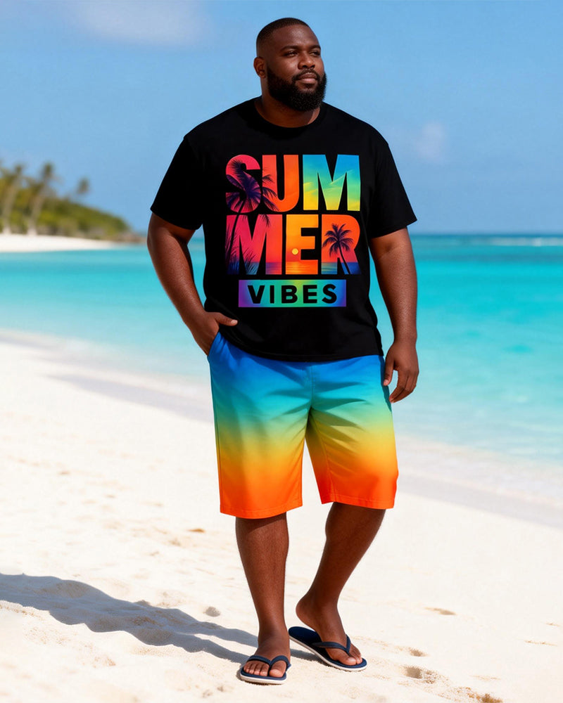 Big & Tall Men's Summer Rainbow Gradient Print Crewneck Short-sleeved T-shirt Shorts Set