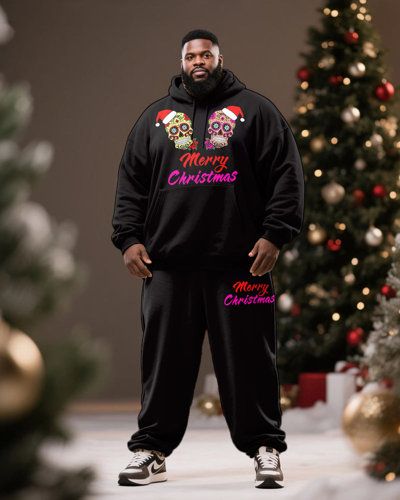 Big & Tall Men's Black Christmas Skull "Merry Christmas" Printed Hoodie Set