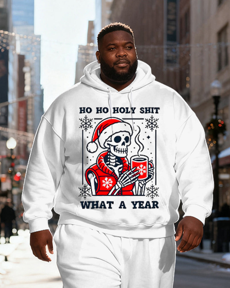 Big & Tall Men's White Skull Santa Claus "HO HO HOLY SHIT WHAT A YEAR" Print Hoodie Set