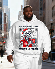 Big & Tall Men's White Skull Santa Claus "HO HO HOLY SHIT WHAT A YEAR" Print Hoodie Set