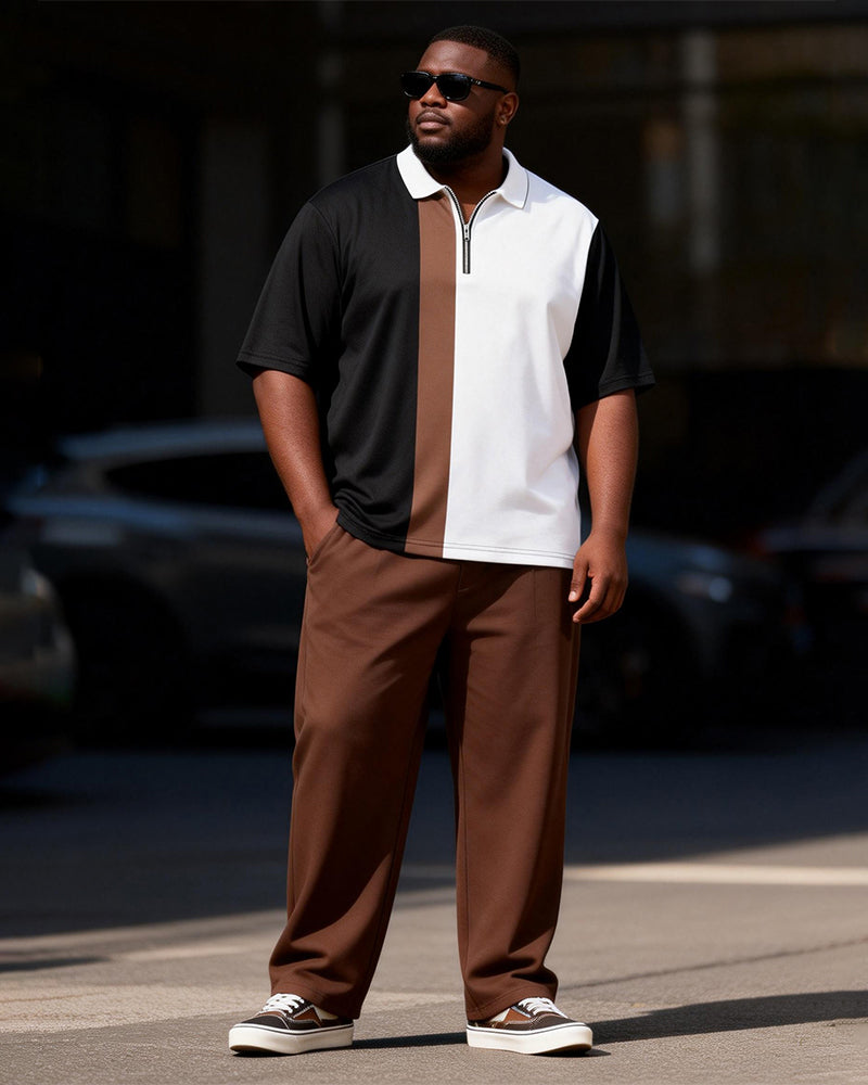 Big & Tall Men's Black And White Brown Stitching Printed Zipper Polo Short Sleeve Trousers Set