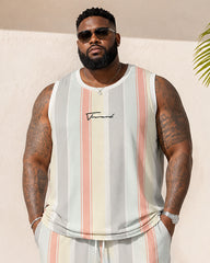 Big & Tall Men's Pink Gray Vertical Stripe Letter Print Vest Shorts Set