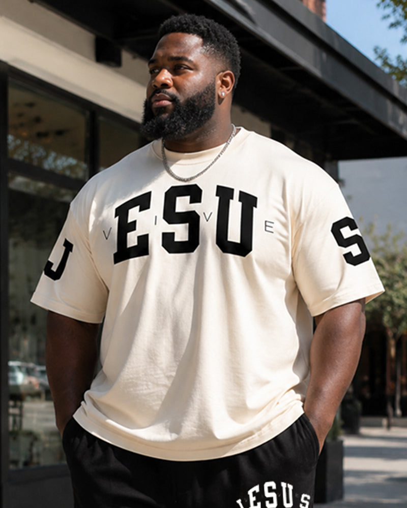 Big & Tall Men's Rice White And Black Word "JESUS" Printed T-shirt Trousers Set