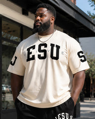 Big & Tall Men's Rice White And Black Word "JESUS" Printed T-shirt Trousers Set
