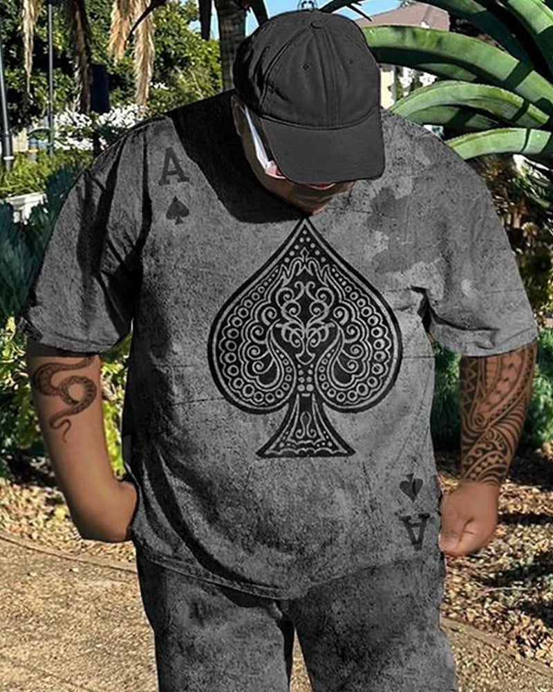 Big & Tall Men's Distressed Grey Spades A Printed T-shirt Trousers Set