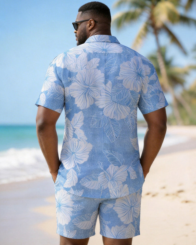 Big & Tall Men's Blue Hibiscus Flower Print Short Sleeve Shirt Shorts Set
