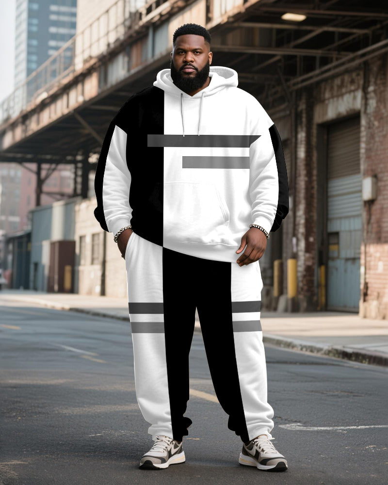 Big & Tall Men's Black And White Color Block Gray Stripe Printed Hoodie Set