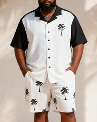Big & Tall Men's Black And White Stitching Coconut Printed Short Sleeve Shirt Shorts Set