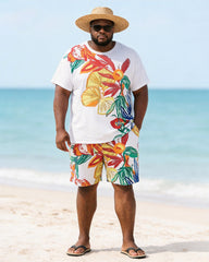 Big & Tall Men' Tropical Floral Print Round Neck Short Sleeve T-Shirt Shorts Set