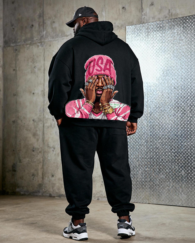 Big & Tall Men's Black Pink "USA" Hat Ornament Cartoon Printed Hoodie Set